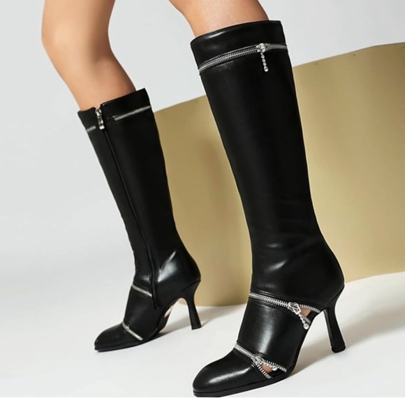 AIJIVOU Shoes - AIJIVOU Women's Stiletto Mid Calf Boots Solid Black Sexy Zip Detail High Heel